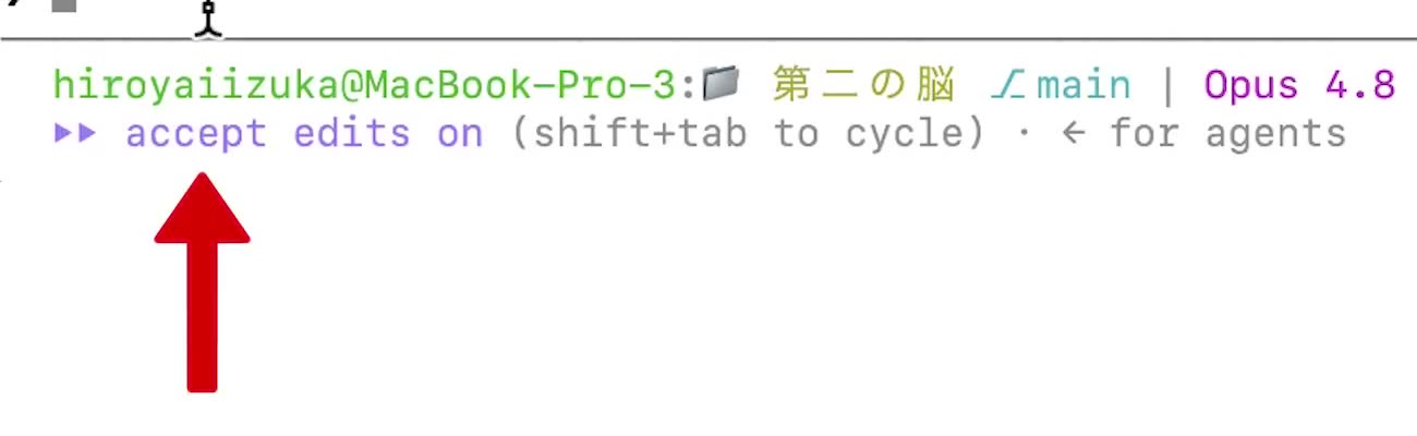 Claude Codeの入力欄の下に「accept edits on (shift+tab to cycle)」と表示されている画面